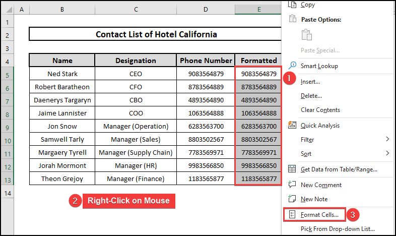 Context menu list to format phone numbers.