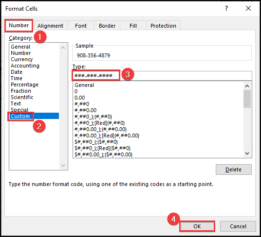 Select the Custom option from the Format Cells box.
