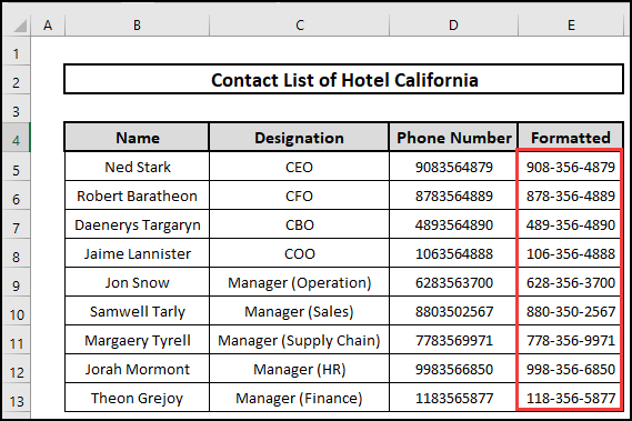 Phone numbers formatted in Excel with dashes.