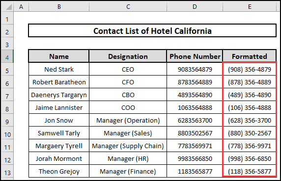 Formatting of Phone numbers done with dashes in Excel. 