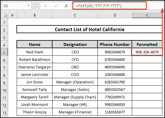 TEXT function to insert dashes to format phone numbers in Excel.