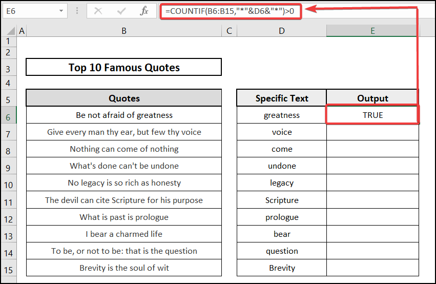 Using COUNTIF function in Excel to check if range of cells contains specific text