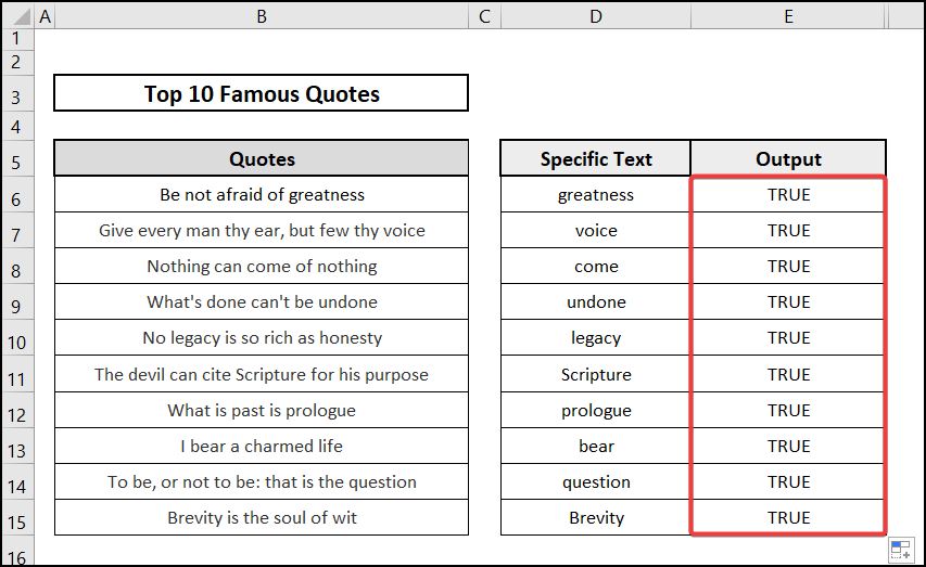 Result of using COUNTIF in Excel to check if range of cells contains specific text