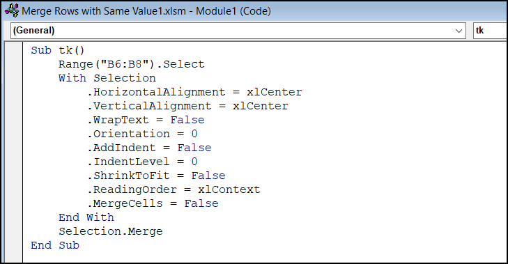 VBA code to merge rows with same value in Excel