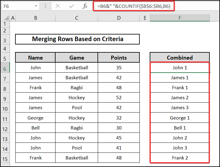 using the COUNTIF function to merge rows based on criteria in Excel