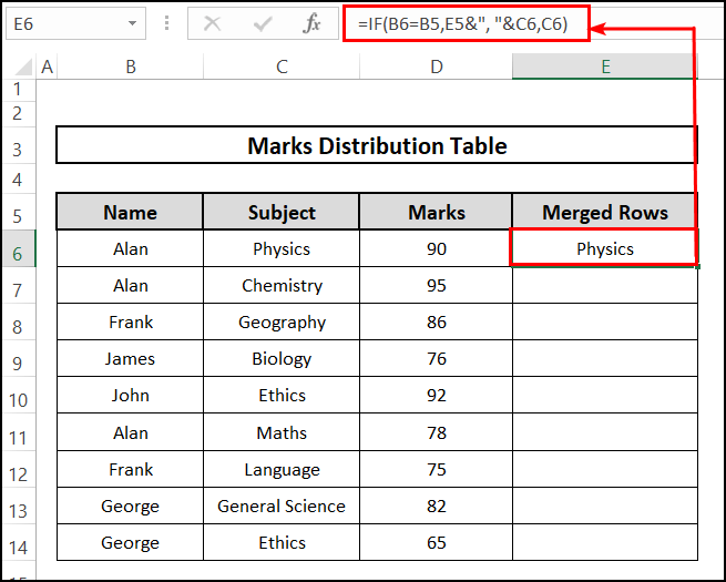 using the IF function to merge rows with same value in Excel
