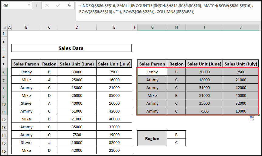 The total output of Populate List Based on Cell Value using INDEX, IFERROR, and EXACT functions in Excel.