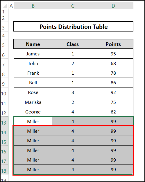 Result of using the fill-down feature to repeat rows a specified number of times in Excel