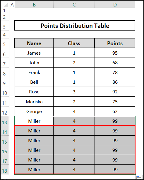 Result of using the Fill Handle icon to repeat rows a specified of times in Excel