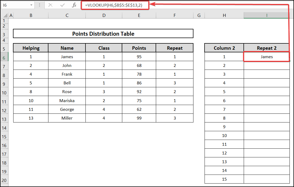 Using the VLOOKUP function to repeat rows a specified number of times
