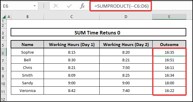 The result of using the SUMPRODUCT function to solve the problem of Excel SUM time returns 0