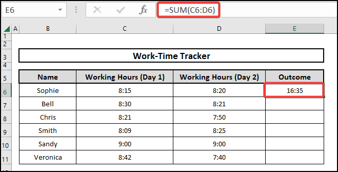 Result of using the AutoSum feature to solve the problem of Excel SUM time not working