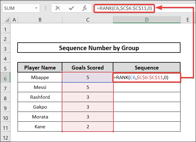 Using the RANK function to group data and add sequence number.
