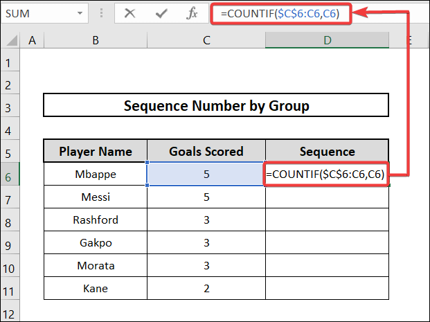 Using COUNTIF function to add excel sequence number by group.