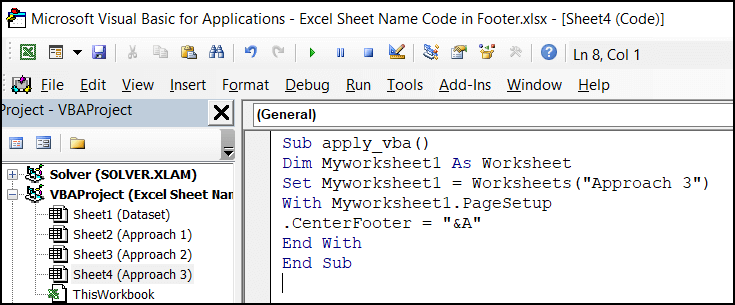 VBA code to add sheet name in the footer