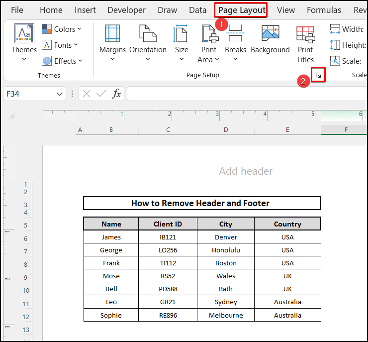 Using the page setup option to remove the header and footer in Excel