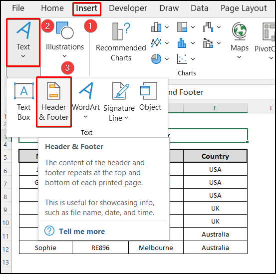 Applying the Insert option to find the Excel header and footer