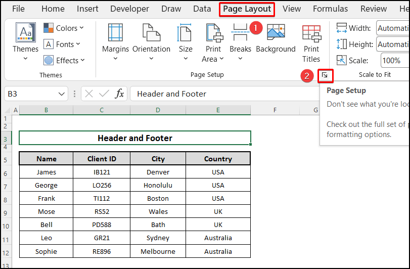 Applying the page setup option to find the Excel header and footer