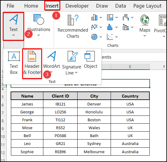 Using the Insert tab to Excel sheet name code in the footer