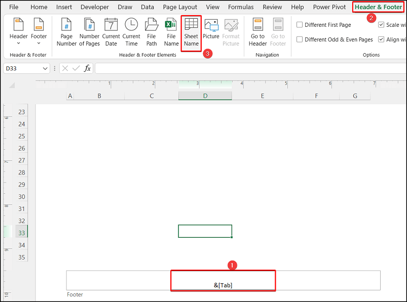 Applying Header & Footer tab to the Excel sheet name code in the footer