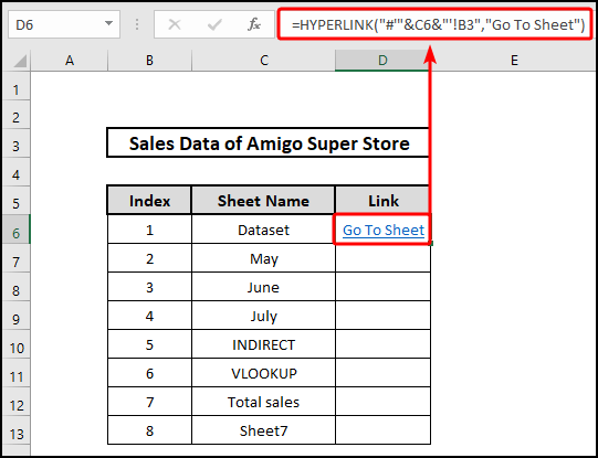 HYPERLINK function to jump another sheet.