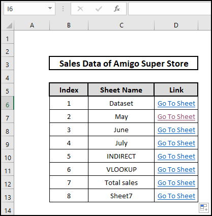HYPERLINK function to jump to another sheet by clicking cells.