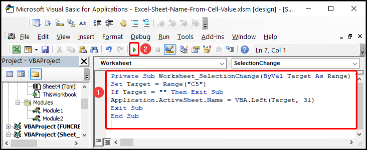 VBA code to get the sheet name from a cell.