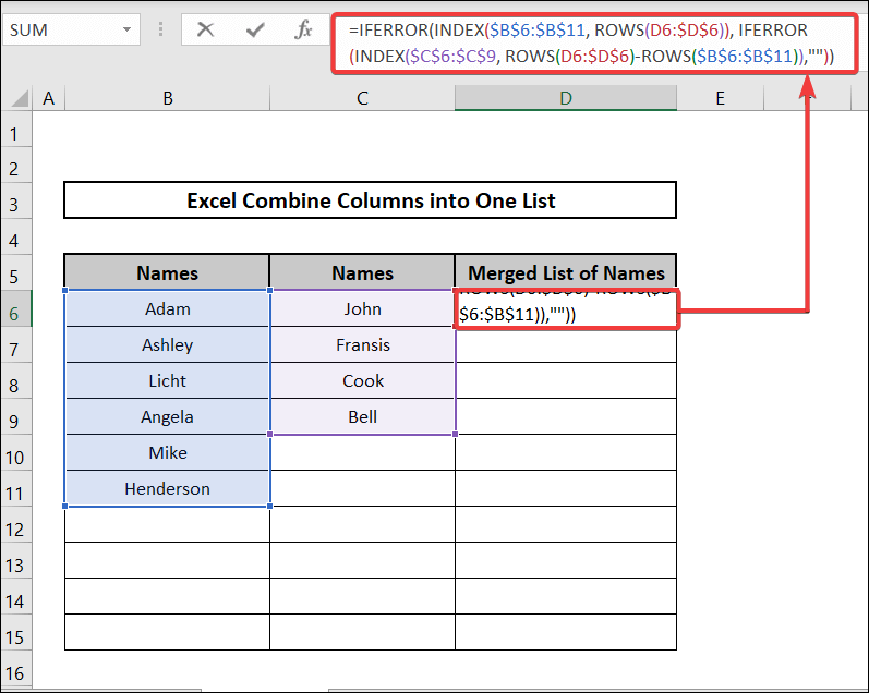 Utilizing INFERROR, INDEX and ROWS function to Combine Columns into One List