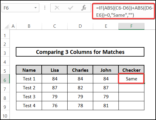 Using IF and ABS functions to compare 3 columns for matches