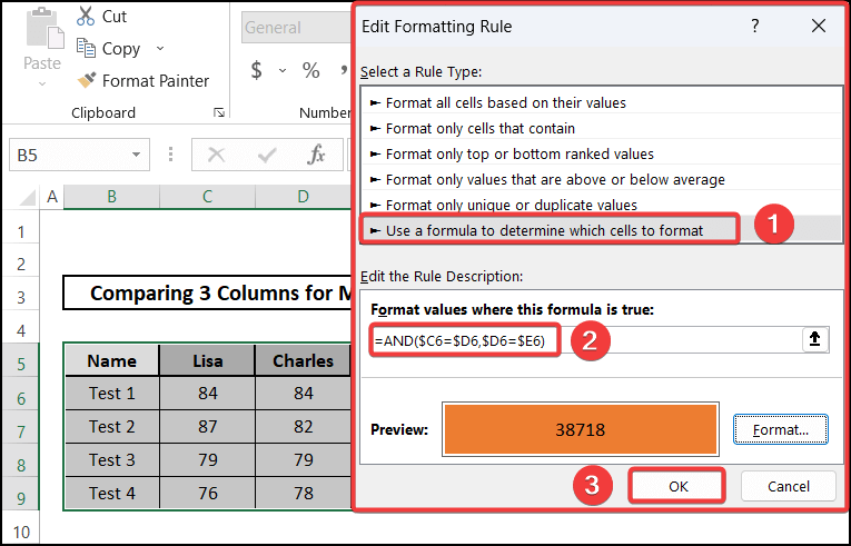 Formatting duplicate rows by a formula for comparing 3 columns for matches in excel