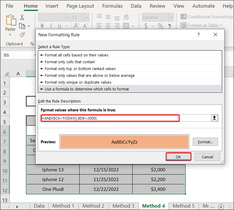 Using AND Function to Do Conditional Formatting Highlight Row Based on Date