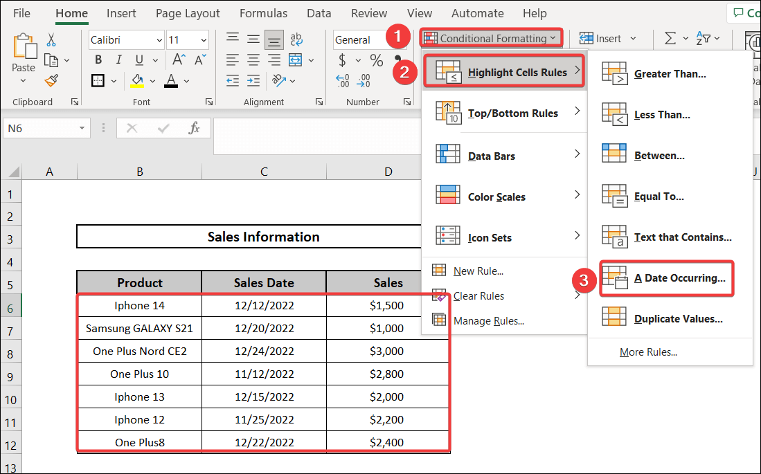 Utilizing Highlight Cells Rules Option to Do Conditional Formatting Highlight Row Based on Date