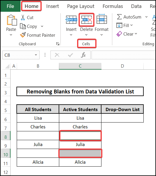 Using Go To Special and Delete to remove blanks from data validation list in Excel