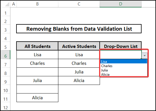 Using Go To Special option to remove blanks from data validation list in Excel