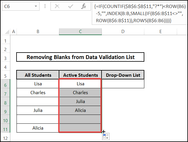 Merging COUNTIF and INDEX functions for removing blanks from data validation list in Excel