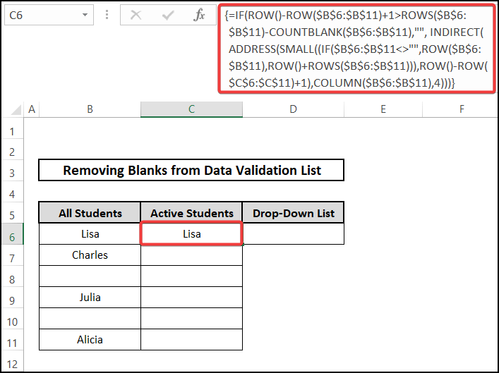Combining COUNTBLANK and INDIRECT functions for removing blanks from data validation list in Excel