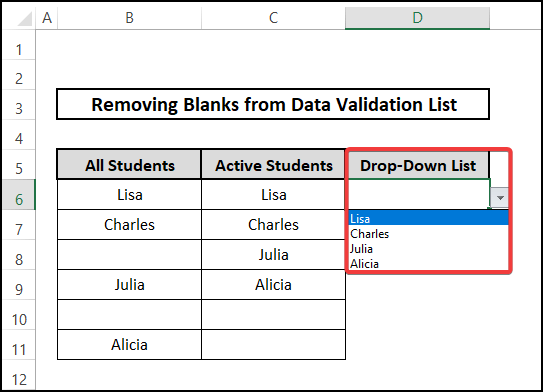 Implimenting COUNTBLANK and INDIRECT functions for removing blanks from data validation list in Excel