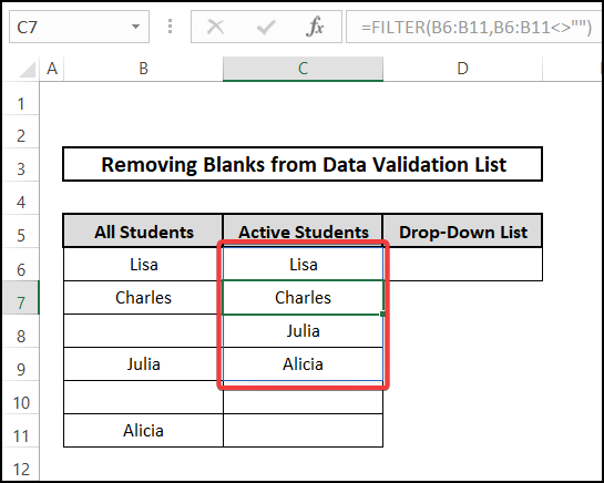 Implementing FILTER function for removing blanks from data validation list in Excel