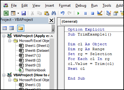 VBA MODUle to apply Left Trim function in Excel