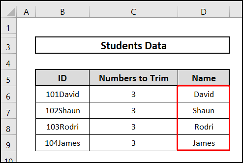 Output of applying Left Trim function in Excel