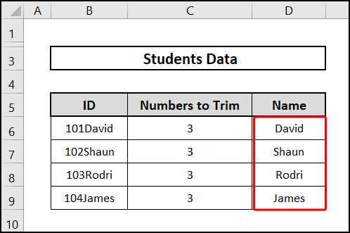 Output of applying Left Trim function in excel