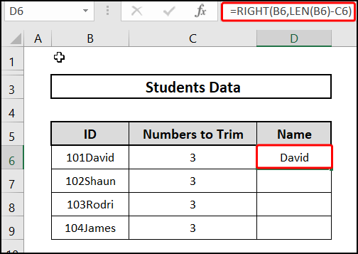 Applying the LEFT and LEN function Left Trim function in Excel