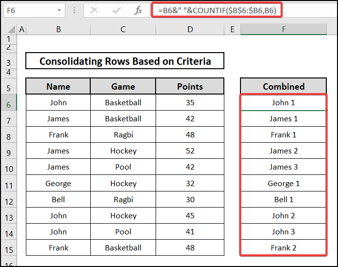 Use of COUNTIF function to consolidate rows in Excel based on criteria