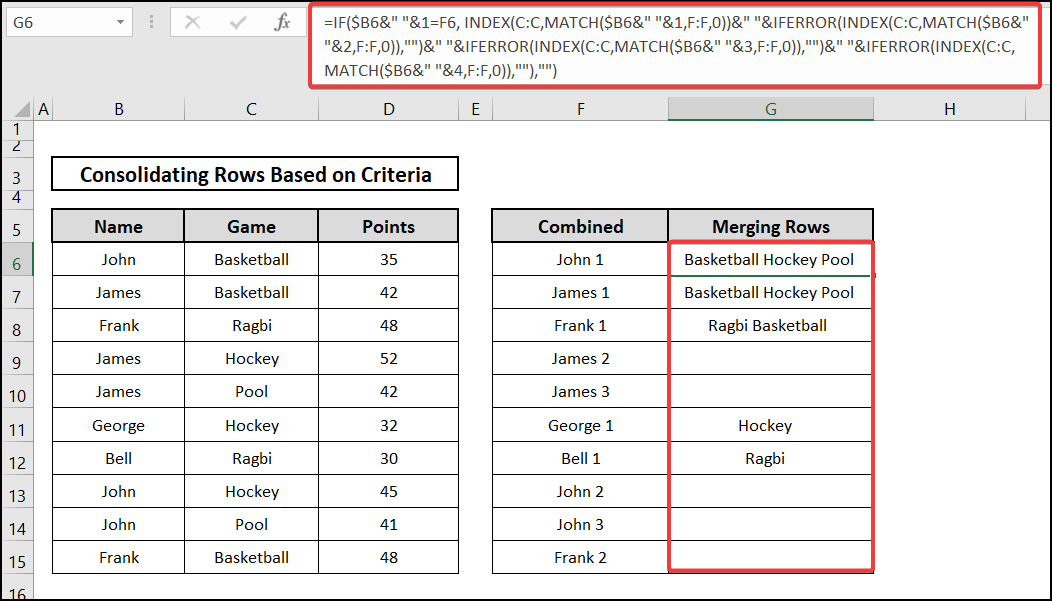the result in consolidating rows based on criteria using the IF, IFERROR, INDEX, and MATCH functions