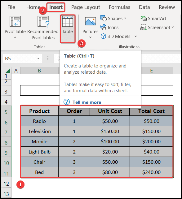 Selection of data range to insert a total row in Excel