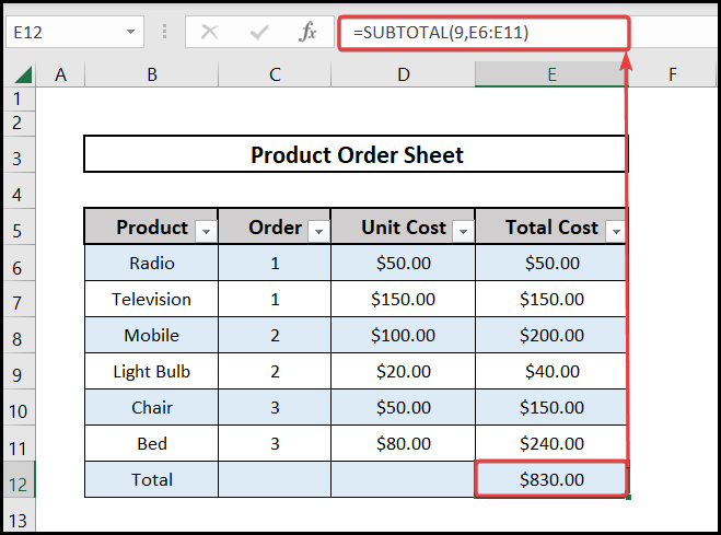 Using the subtotal function to insert a total row in excel