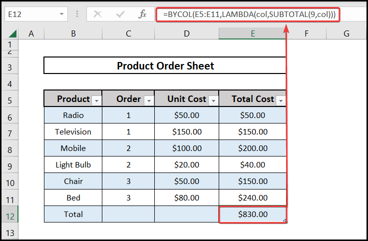 Using the bycol function to insert a total row in excel