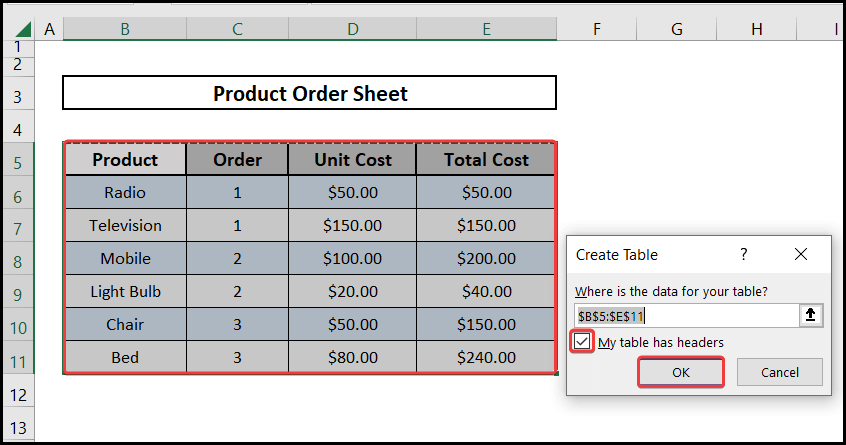 Creating table to insert a total row in excel