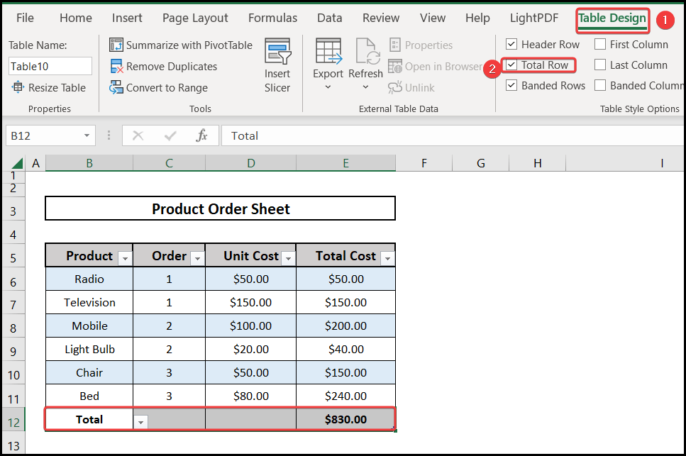 Selection of table design to insert a total row in excel