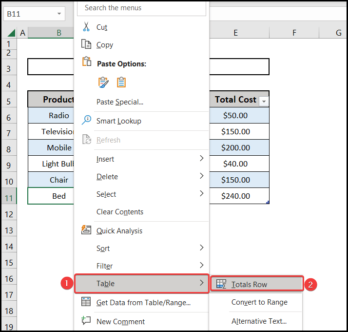 Selection of Total Row to insert a total row in excel